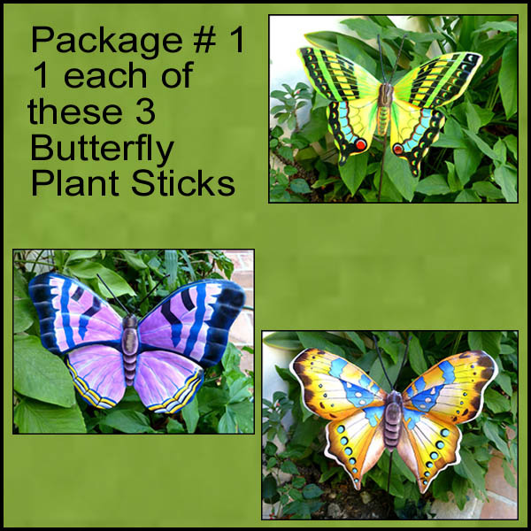 Painted Metal Butterfly Garden Plant Sticks - Pkg. of 3, Outdoor Garden Decor - Pkg #1